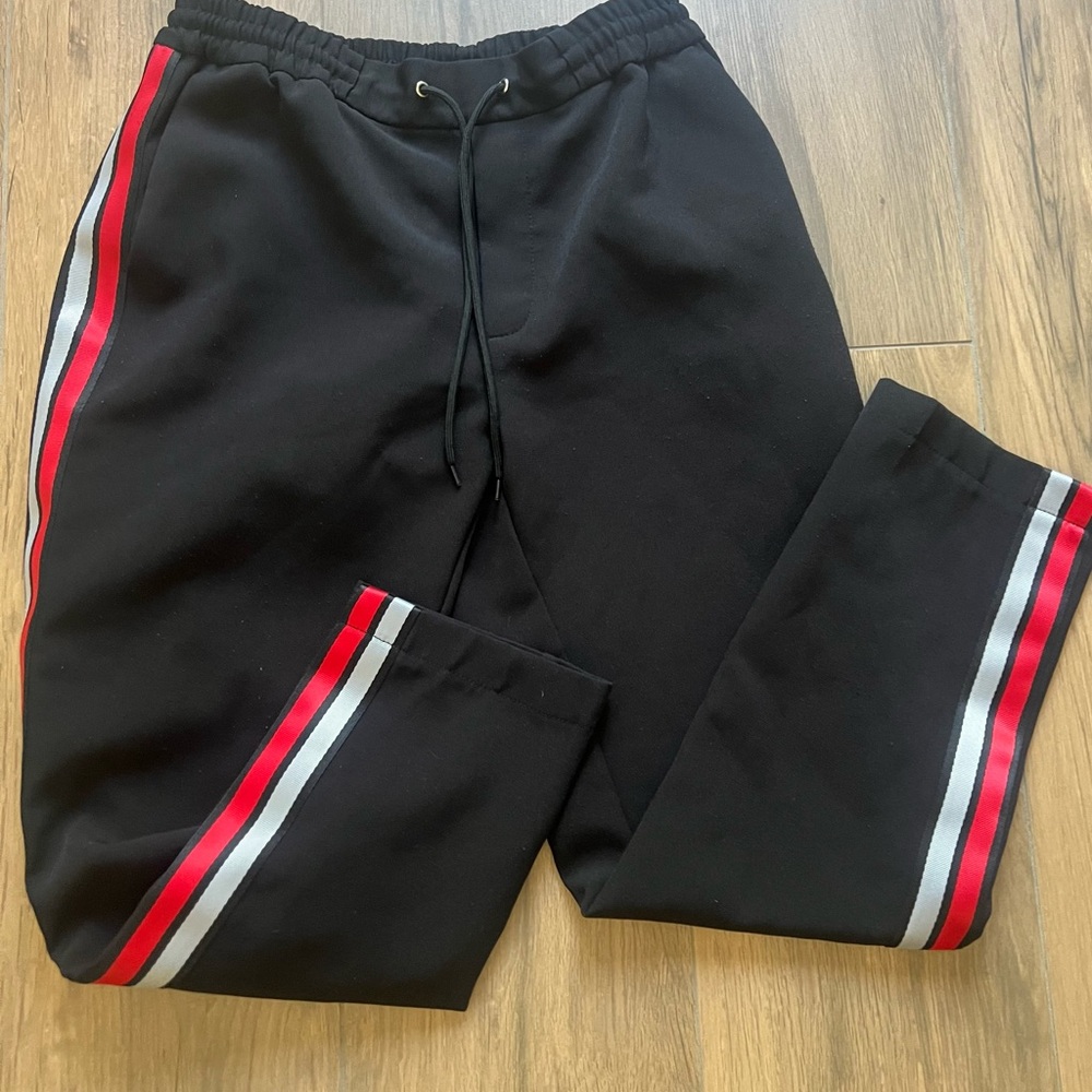 Topman Joggers Adult 30S Black Sidey Pants Red Side Stripes Bottoms SweatPant